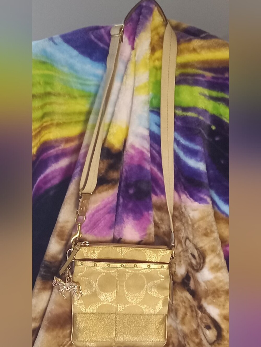 Coach Signature Lurex Stripe Shimmer Studded Crossbody Bag W/Charm EUC RETIRED